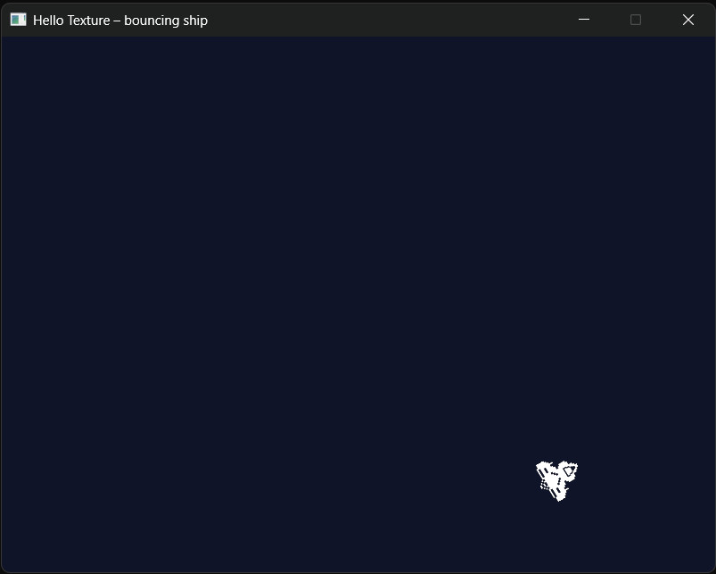 Hello Texture demo — a ship sprite bouncing and spinning against a dark navy background.