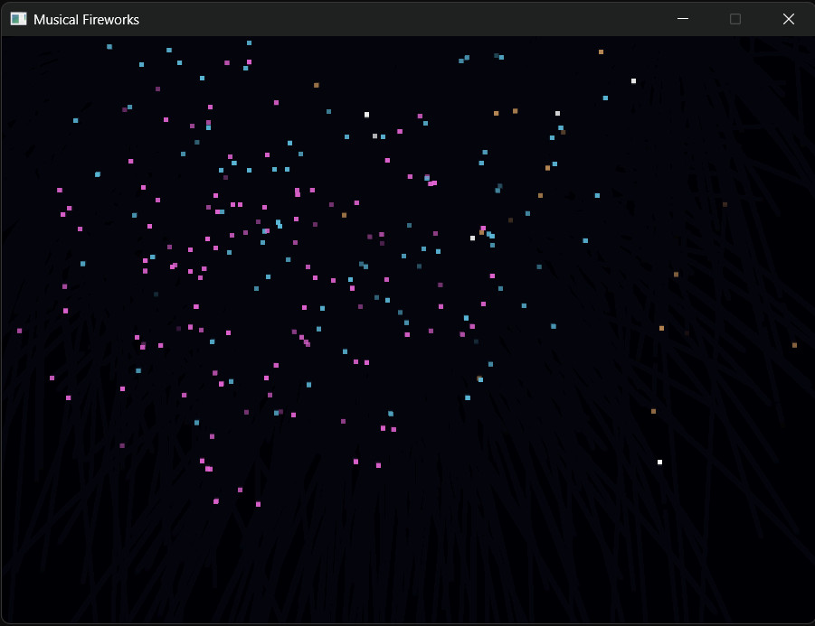 Musical Fireworks running — coloured particle bursts arc across a dark sky with glowing comet trails.